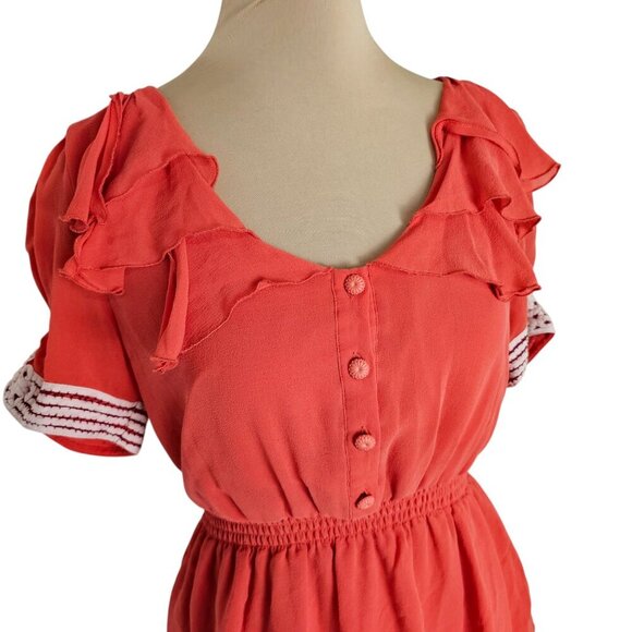 Odille Anthropologie Silk Light Red Ruffle Collared Button Blouse Sz 10 - Picture 2 of 9
